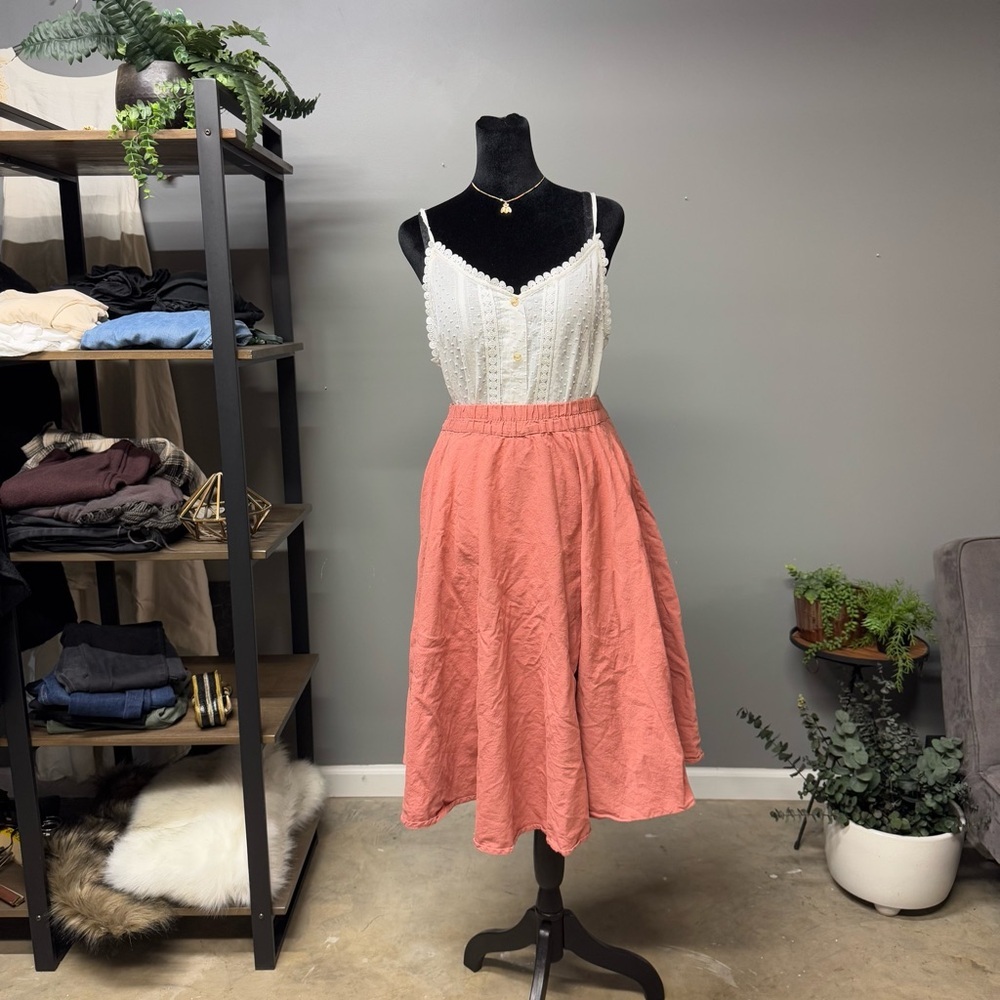 Flint and Moss pink linen blend skirt womens small full midi tie waist feminine